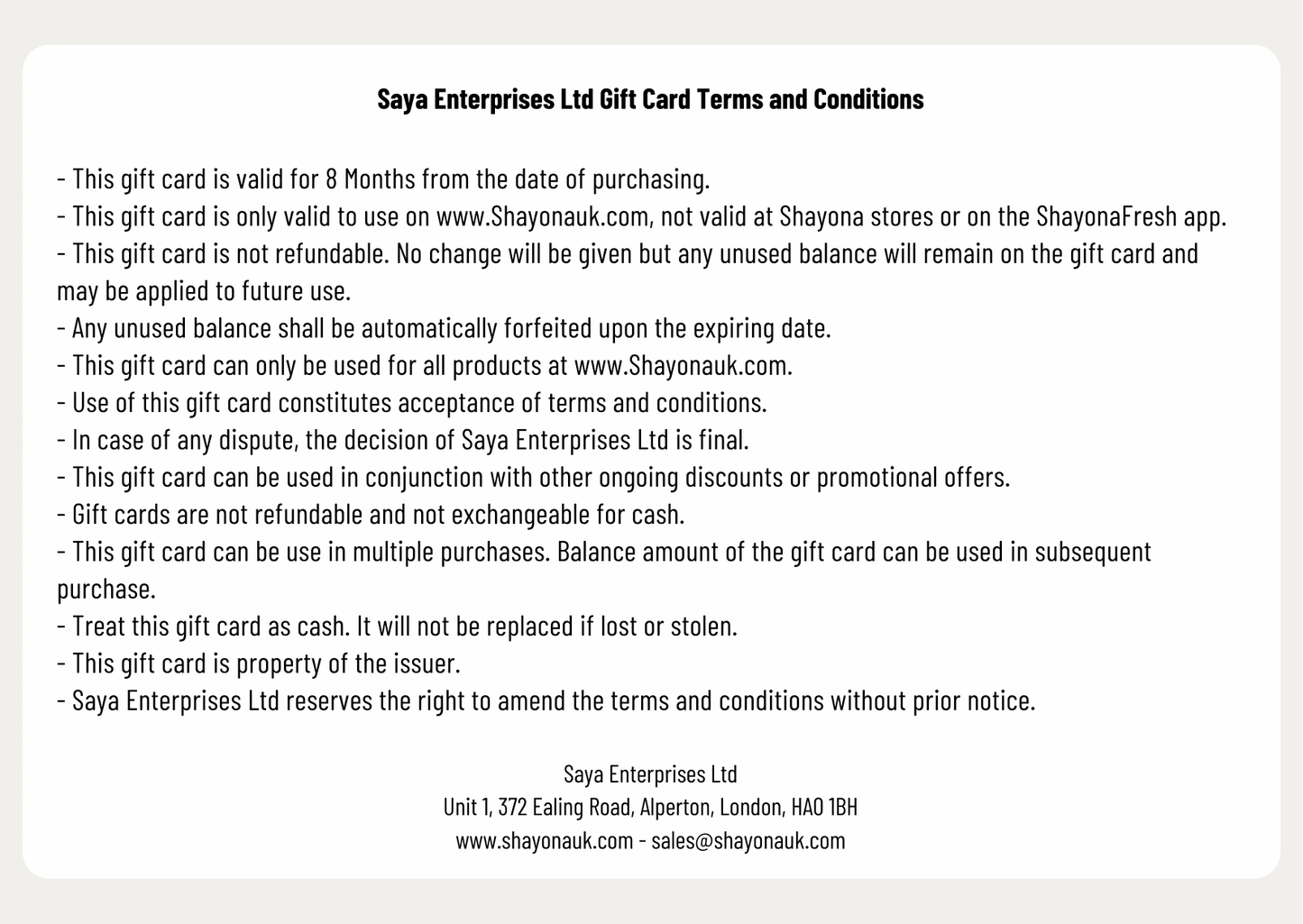 Shayona UK Gift Card